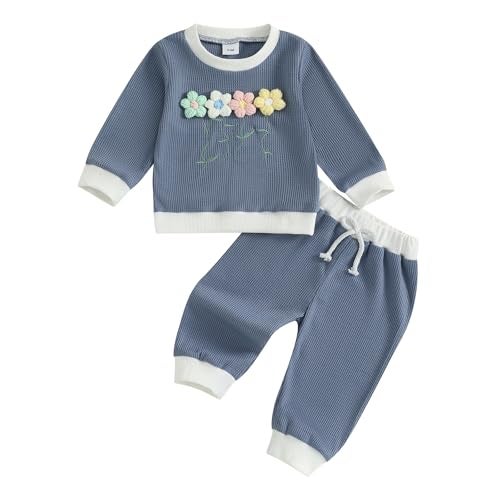 Amnnchya Toddler Clothes For Girls Baby 3D Flower Fall Winter Outfits Stripes Waffle Sweatshirt Pullover Cute Pants Set Blue Floral 612 Months - Image 1
