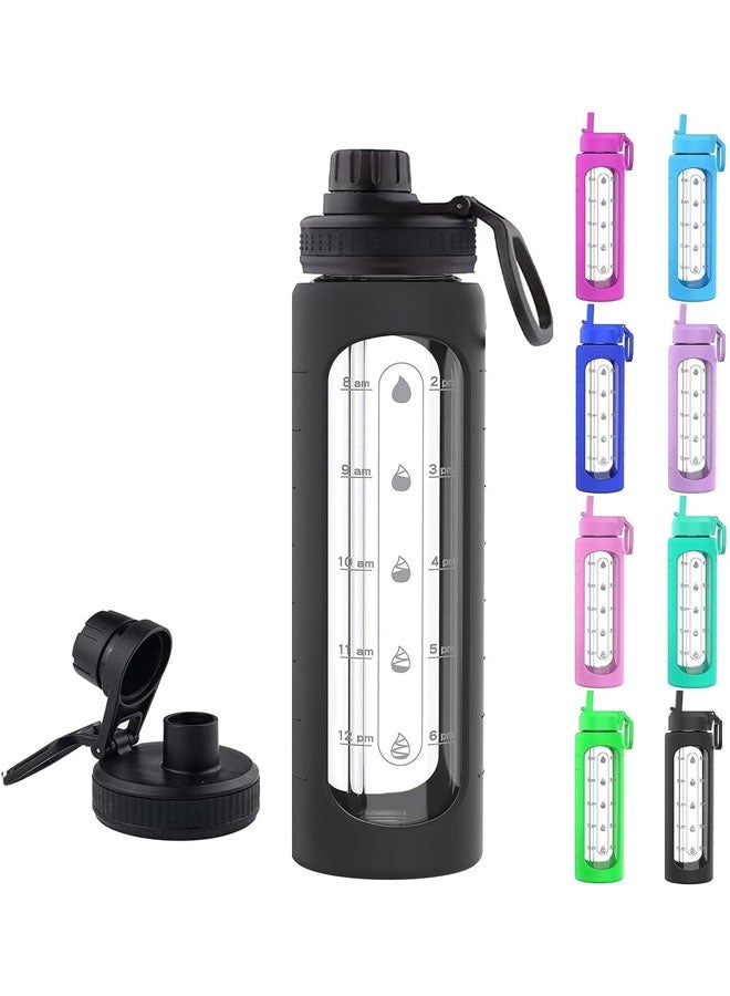 L&E 1000ML Glass Water Bottle with Straw Lid, Time Marker, Sleeve - Motivational, Wide Mouth, Large 1 Liter Glass Drinking Bottle, Waterbottle - Image 1