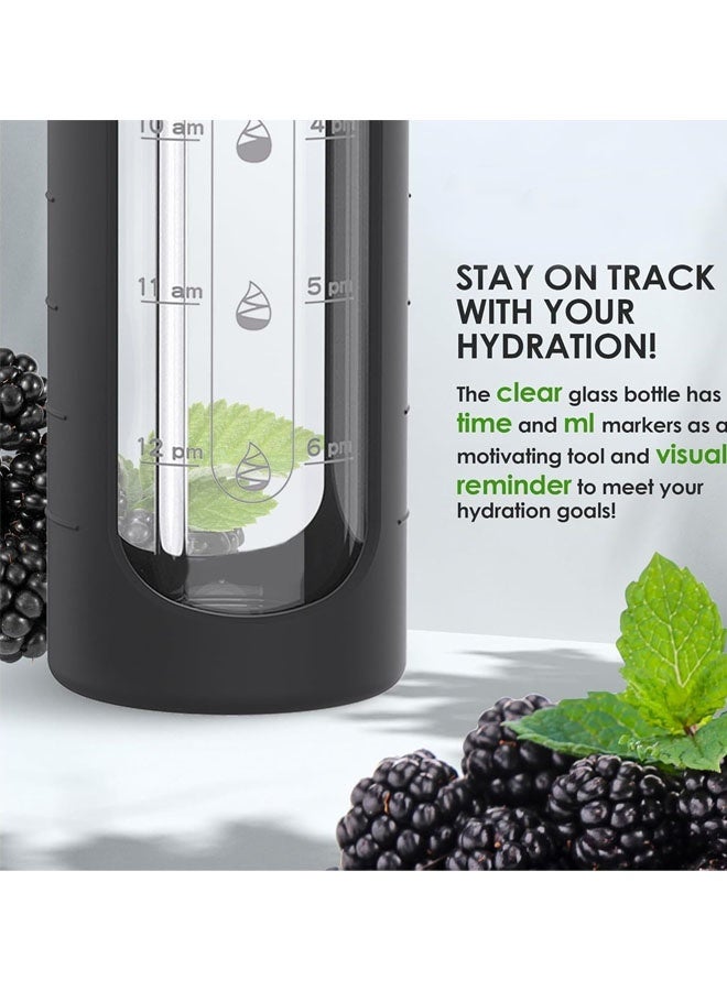 L&E 1000ML Glass Water Bottle with Straw Lid, Time Marker, Sleeve - Motivational, Wide Mouth, Large 1 Liter Glass Drinking Bottle, Waterbottle - Image 4