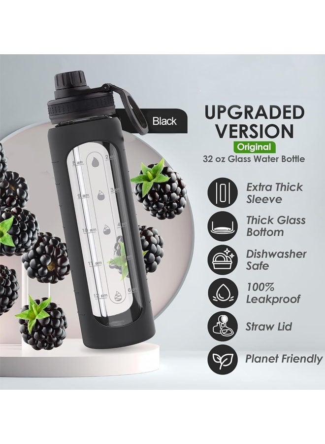 L&E 1000ML Glass Water Bottle with Straw Lid, Time Marker, Sleeve - Motivational, Wide Mouth, Large 1 Liter Glass Drinking Bottle, Waterbottle - Image 2