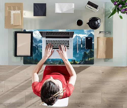 Mechanical Cattle Aesthetic Mountain Vista Desk Mat, Blue Natural Wonder XXL Large Extended Gaming Mouse Pad Mat Non-Slip Mousepad, Computer Keyboard and Mouse Mat, Desk Pad with Stitched Edges, 31.5x15.75 in - Image 4