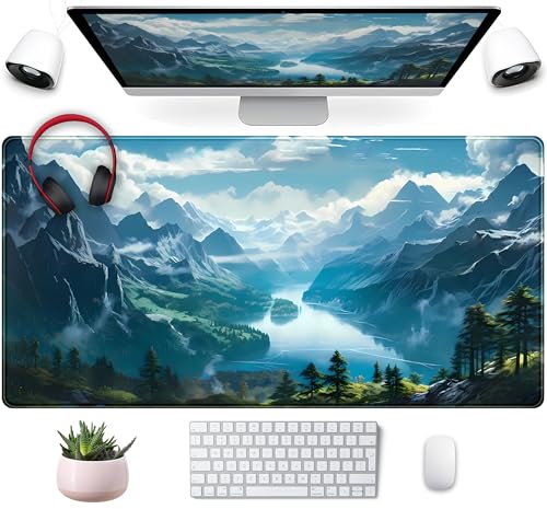 Mechanical Cattle Aesthetic Mountain Vista Desk Mat, Blue Natural Wonder XXL Large Extended Gaming Mouse Pad Mat Non-Slip Mousepad, Computer Keyboard and Mouse Mat, Desk Pad with Stitched Edges, 31.5x15.75 in - Image 1