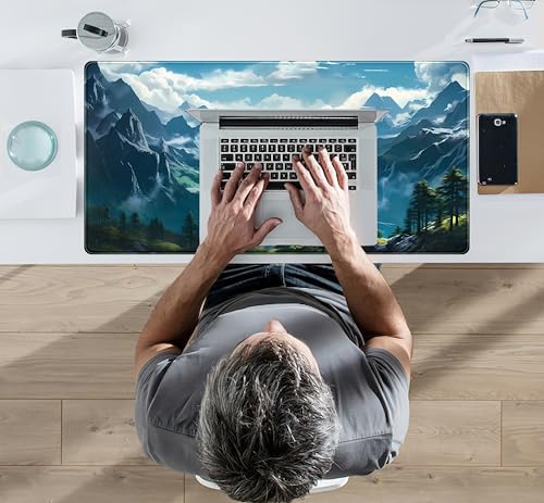 Mechanical Cattle Aesthetic Mountain Vista Desk Mat, Blue Natural Wonder XXL Large Extended Gaming Mouse Pad Mat Non-Slip Mousepad, Computer Keyboard and Mouse Mat, Desk Pad with Stitched Edges, 31.5x15.75 in - Image 5