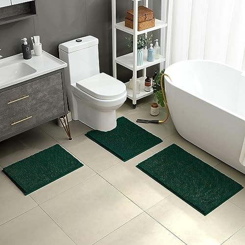 HOMEIDEAS 3 Pieces Bathroom Rugs Ultra Soft Non Slip Absorbent Chenille Toilet Bath Mat Set Dark Green - Image 3