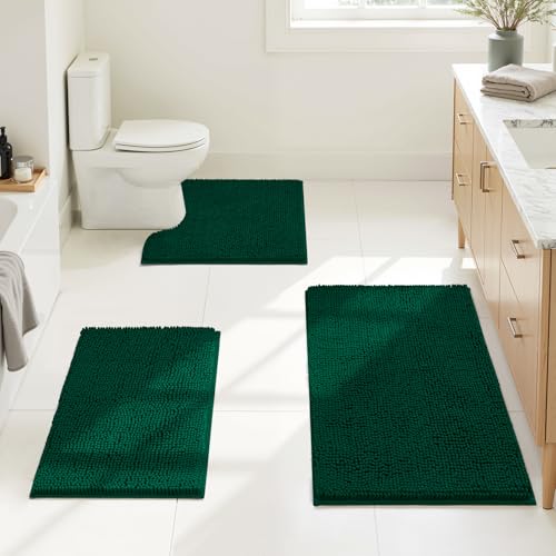 HOMEIDEAS 3 Pieces Bathroom Rugs Ultra Soft Non Slip Absorbent Chenille Toilet Bath Mat Set Dark Green - Image 1
