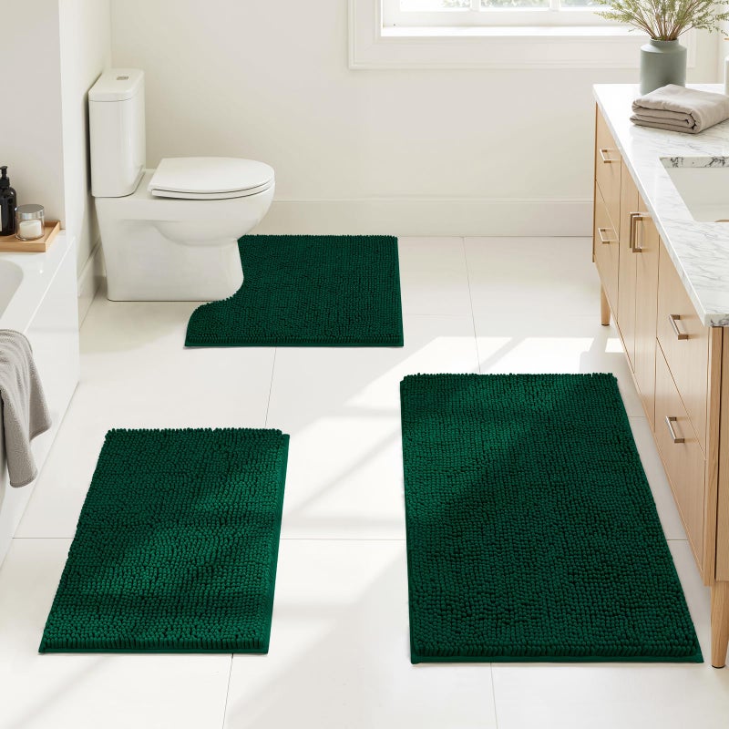 HOMEIDEAS 3 Pieces Bathroom Rugs Ultra Soft Non Slip Absorbent Chenille Toilet Bath Mat Set Dark Green - Image 2