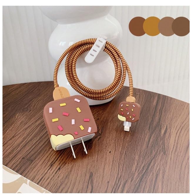 Gladiadora® Cable Protector 3D Cute Cartoon Charger Case & Spiral Cable Protector - 360° Full Protection for Samsung 25W Power Adapter - Fun & Functional! (Brown ice-Cream) - Image 1