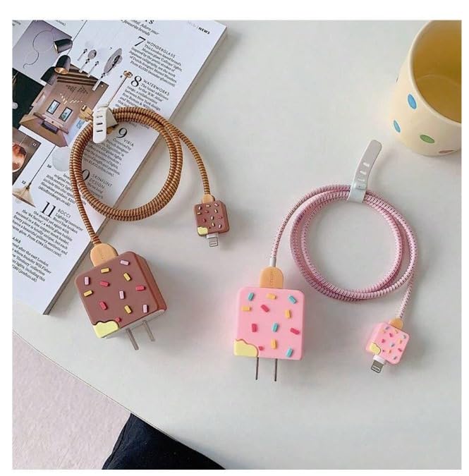 Gladiadora® Cable Protector 3D Cute Cartoon Charger Case & Spiral Cable Protector - 360° Full Protection for Samsung 25W Power Adapter - Fun & Functional! (Brown ice-Cream) - Image 5