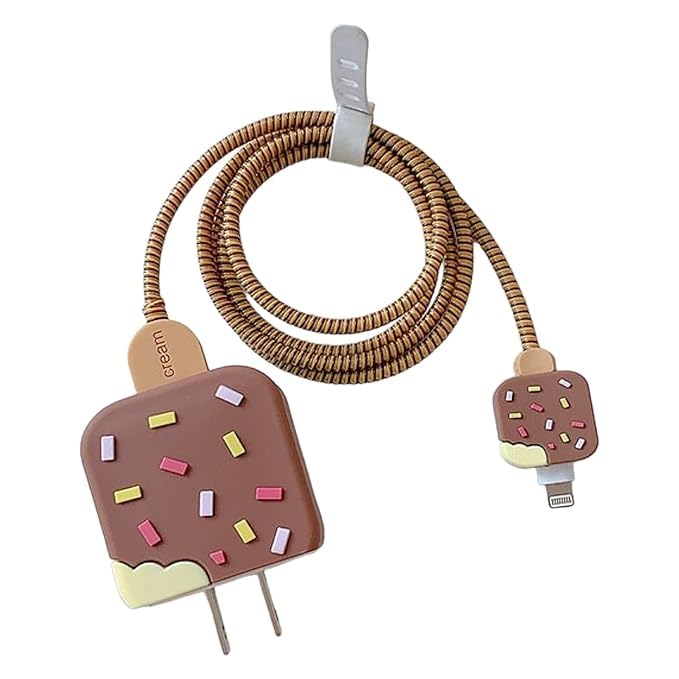 Gladiadora® Cable Protector 3D Cute Cartoon Charger Case & Spiral Cable Protector - 360° Full Protection for Samsung 25W Power Adapter - Fun & Functional! (Brown ice-Cream) - Image 2