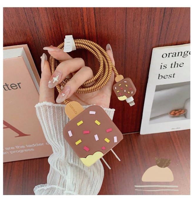Gladiadora® Cable Protector 3D Cute Cartoon Charger Case & Spiral Cable Protector - 360° Full Protection for Samsung 25W Power Adapter - Fun & Functional! (Brown ice-Cream) - Image 3