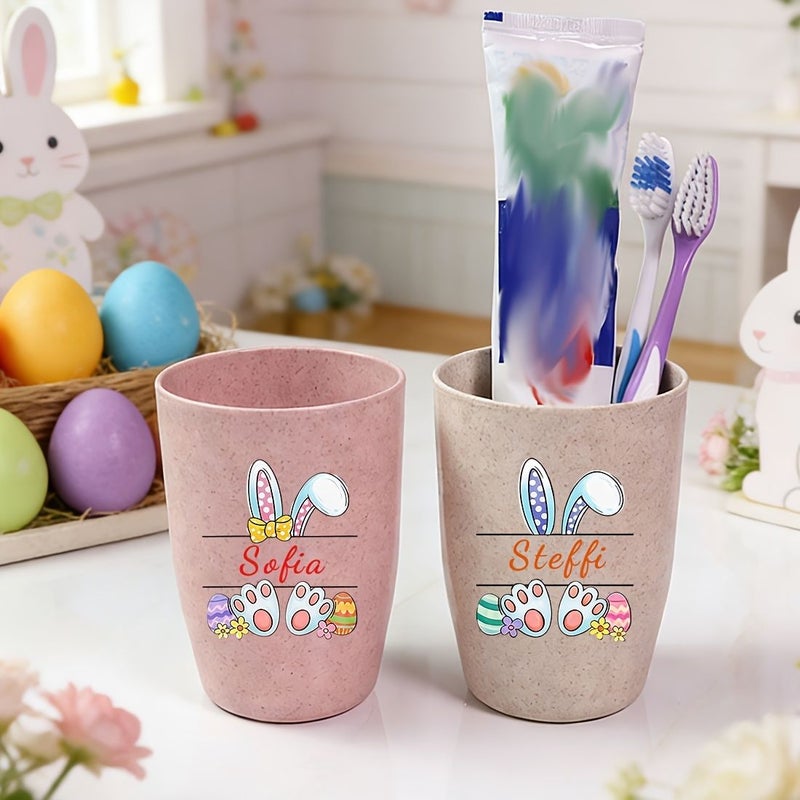 أكواب بلاستيكية مخصصة بنمط أرنب وردي، اسم مخصص، 3 آذان وردية، 2 مناسبة للسفر والمنزل والمدرسة، فرشاة أسنان، تجويف الفم، هدية للعائلة والشريك والأصدقاء - Image 4
