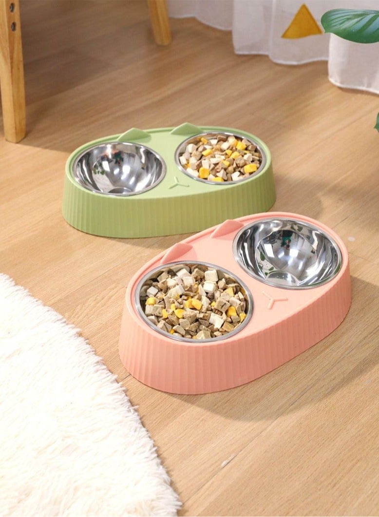 Double Stainless-Steel Pet Bowl with No-Slip Cute Kitty Face Modellin(Pink) - Image 1