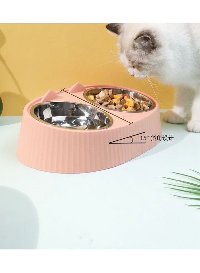 Double Stainless-Steel Pet Bowl with No-Slip Cute Kitty Face Modellin(Pink) - Image 2