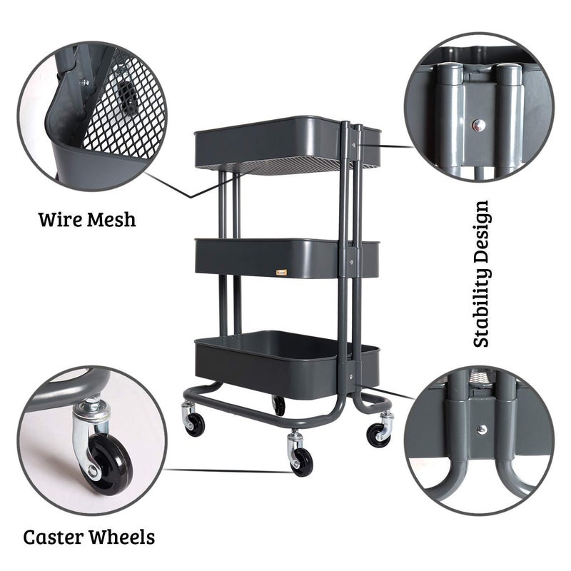 DASNDAS 3 Tier Rolling Utility Cart with Wheels and Handle Heavy Duty Mobile Kitchen Storage Cart Craft Cart Storage Trolley for Kitchen Bathroom Office Organization Easy Assembly - Image 3
