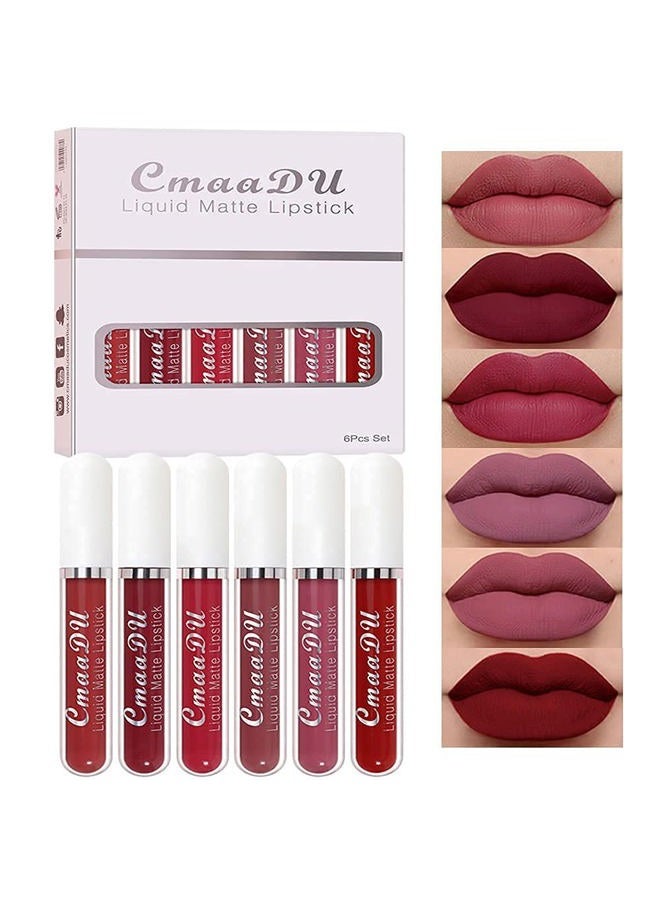 evpct CmaaDu 6Pcs Lipstick Matte Liquid Lipstick Lipgloss Set for Women, Dark Plum Wine Rose Mauve Red Nude Pink labiales mate 24 horas originales matte larga duracion 24 Hour Lipstick A-02 - Image 3