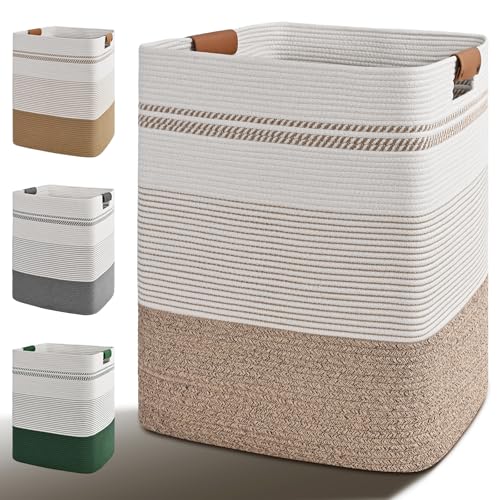Degeyoyo Laundry Hamper, 85L Tall Laundry Basket with Leather Handles, Rectangle Large Clothes Hamper for Organizing, Cotton Woven Laundry Baskets Storage Hampers for Bedroom, Nursery, Living Room - Image 1