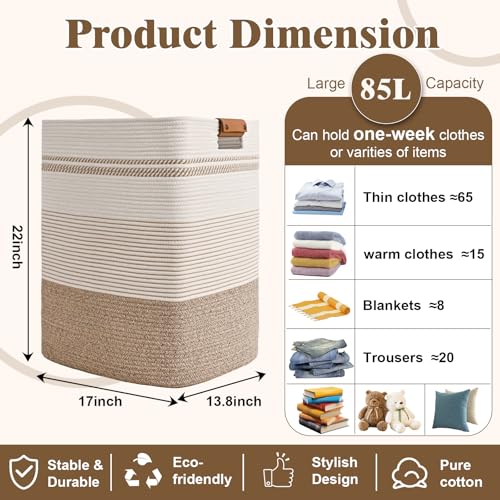 Degeyoyo Laundry Hamper, 85L Tall Laundry Basket with Leather Handles, Rectangle Large Clothes Hamper for Organizing, Cotton Woven Laundry Baskets Storage Hampers for Bedroom, Nursery, Living Room - Image 3