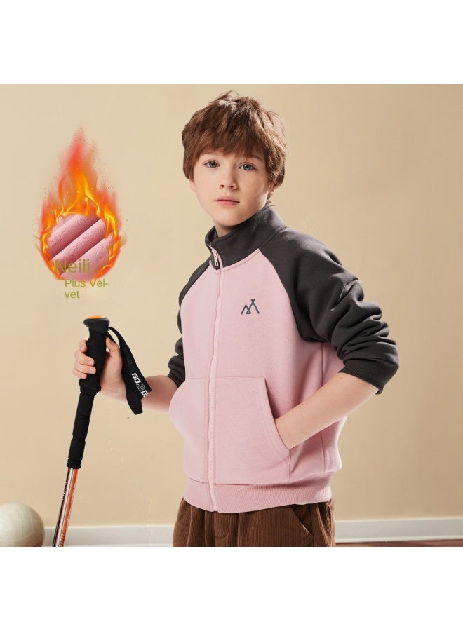 مكد 【بطانة من الفرو وسميك】 زي مدرسي أساسي للأطفال سترة ياقة واقفة للأولاد والبنات، ملابس خارجية ذات قلنسوة لمنتصف الطفولة في الخريف والشتاء - Image 2