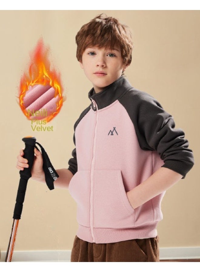 مكد 【بطانة من الفرو وسميك】 زي مدرسي أساسي للأطفال سترة ياقة واقفة للأولاد والبنات، ملابس خارجية ذات قلنسوة لمنتصف الطفولة في الخريف والشتاء - Image 1