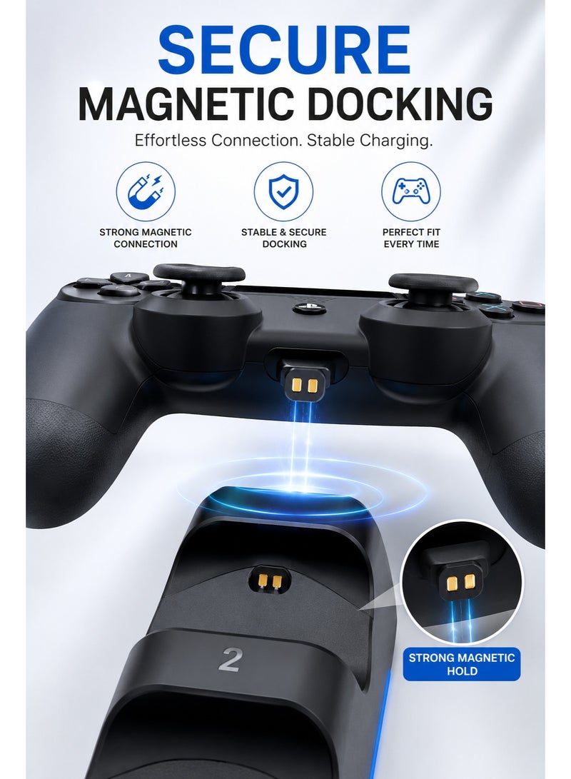 دوبي قاعدة شحن مزدوجة من DOBE لأجهزة PS4 وPS4 Slim وPS4 Pro، تتضمن 4 محولات شحن مغناطيسية ومؤشر شحن LED؛ محطة شحن سريعة وآمنة لوحدات التحكم اللاسلكية - لون أسود. - Image 4