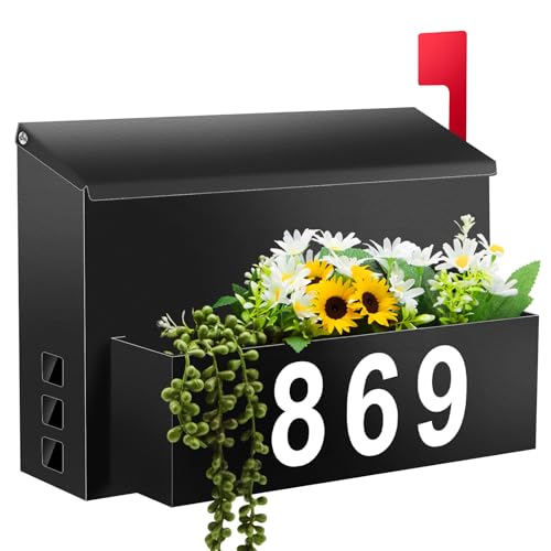 Pyoimmne Wall-Mount Mailbox with Flag, Large Capacity Mailboxes for Outside House with Planter & 3 Sets of 0-9 Mailbox Number Stickers, Galvanized Steel Rust-Proof Post Box Metal Mail Box, 13.8"W*9.8"H*3.9"D - Image 1