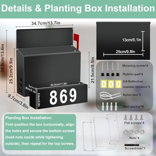 Pyoimmne Wall-Mount Mailbox with Flag, Large Capacity Mailboxes for Outside House with Planter & 3 Sets of 0-9 Mailbox Number Stickers, Galvanized Steel Rust-Proof Post Box Metal Mail Box, 13.8"W*9.8"H*3.9"D - Image 2