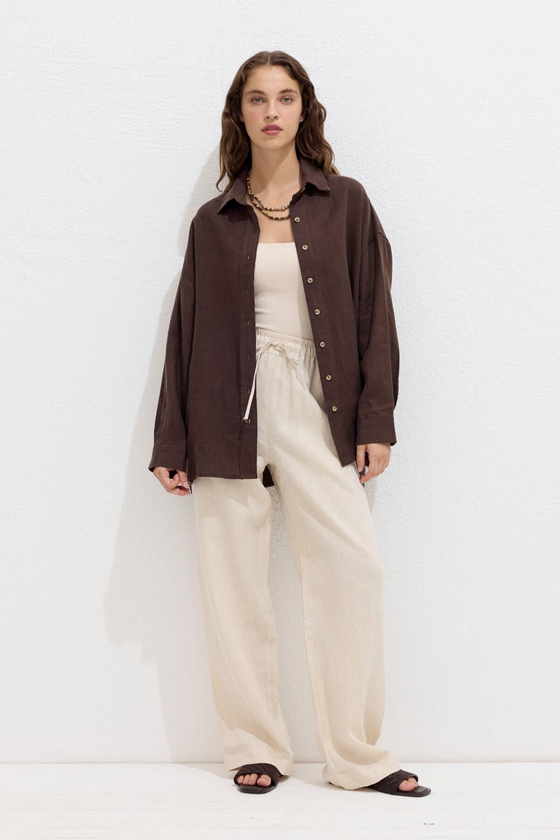 Manuka Casual Linen Trousers with Pockets Beige  - Image 1