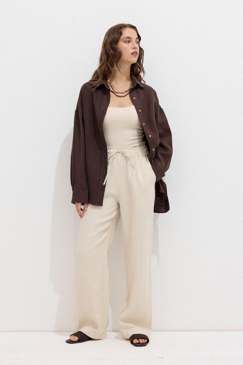 Manuka Casual Linen Trousers with Pockets Beige  - Image 3
