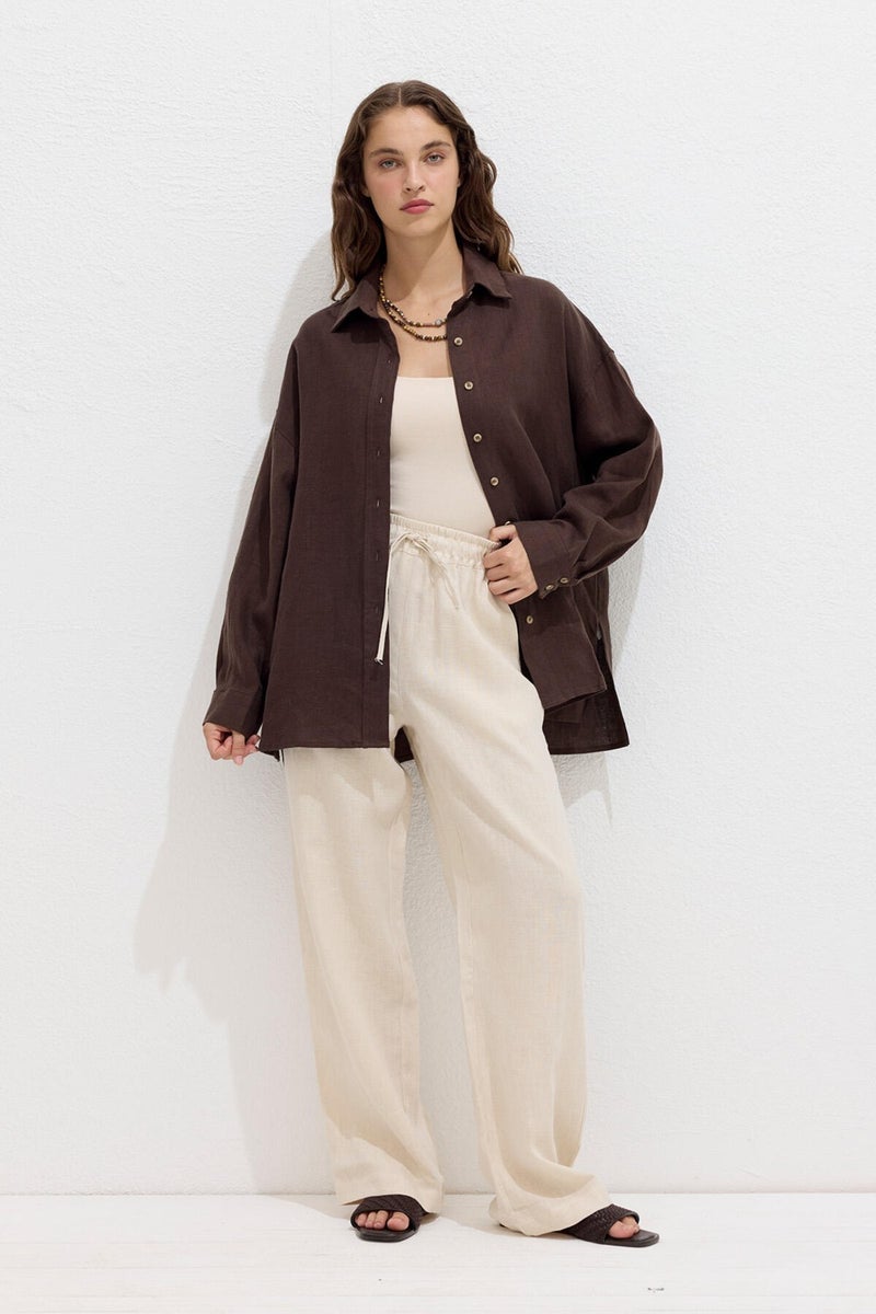 Manuka Casual Linen Trousers with Pockets Beige  - Image 2