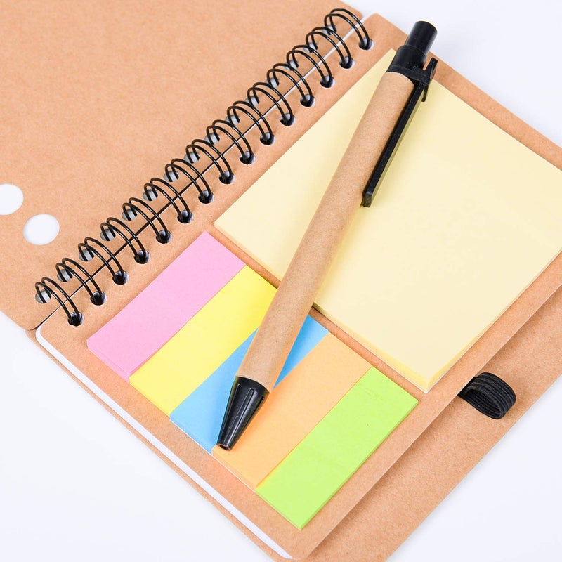 Kisdo Lined Spiral Notebook Kraft Paper Cover Notepad with Pen in Holder, Sticky Notes and Page Marker Colored Index Tabs, 4.5“x5.5” Steno Pocket Business Notebook (Brown 2 Packs) - Image 4