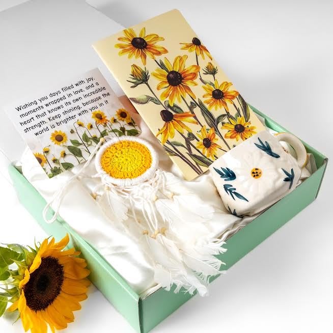 Rarejoy Gift Hamper for Women Sunflower Themed Mug Handwoven Crochet Greeting Card Journal Combo Pack of 4 Corporate Valentine Womens Birthday Anniversary Day Gift - Image 1
