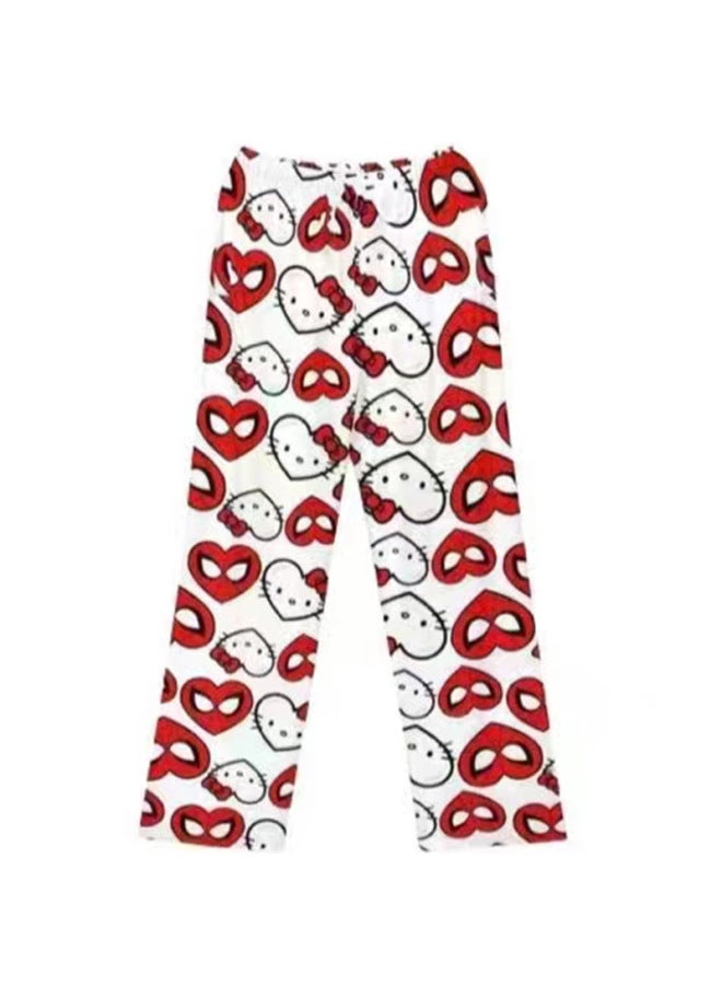 Cartoon Cat Flannel Pajamas For Women Autumn And Winter New Coral Velvet Thickeneded Fleece-lined Warm Casual Home Pants