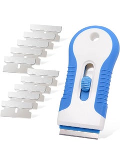 PROMASS Ceramic Scraper,Ceramic Scraper Car Sticker Remover Glass Stove Top Razor Scraper Label,Glue,Paint,Adhesive Remover Tool + 10pcs Stainless Steel Razor Blades (Blue)  - Image 1
