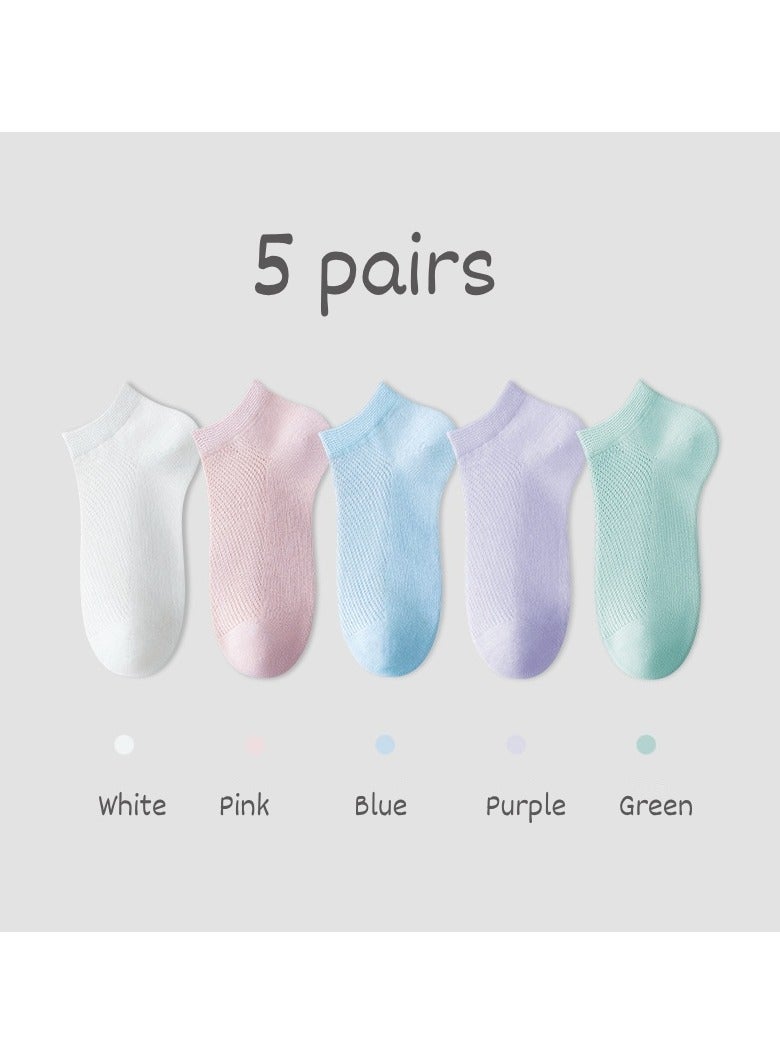 infino Women's breathable cotton mesh socks ultra-thin antibacterial deodorant sweat-absorbent cool boneless socks short socks light and comfortable suitable for spring and summer - 5 pairs of multi-color  - Image 1