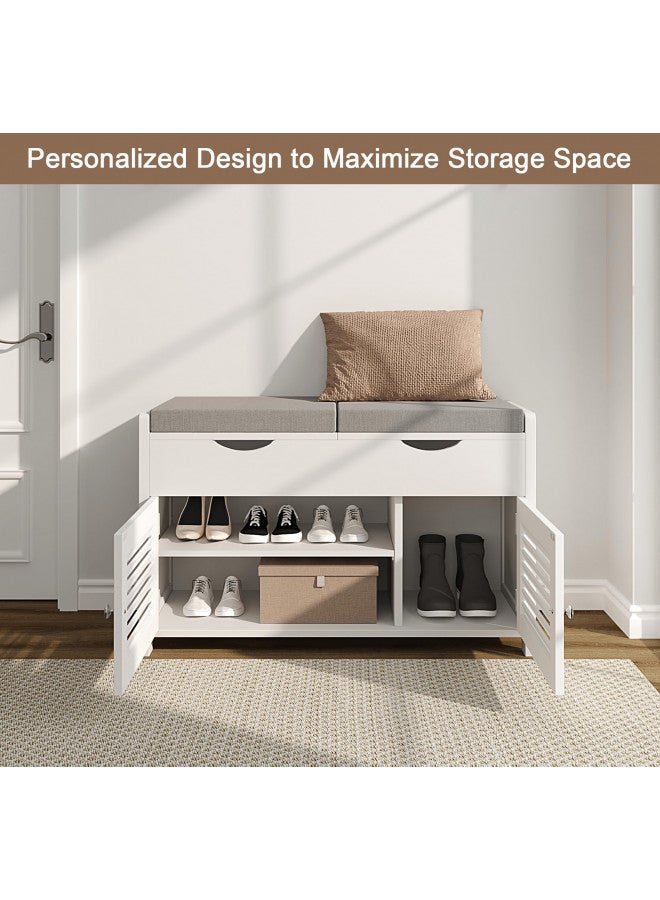 choochoo ChooChoo Shoe Storage Bench with Lift Top Storage, Entryway Bench with 2 Cushioned Seats, 3 Compartments, Adjustable Shelf, Shoe Cabinet with Hidden Storage for Entryway, Bedroom, Living Room, White  - Image 3