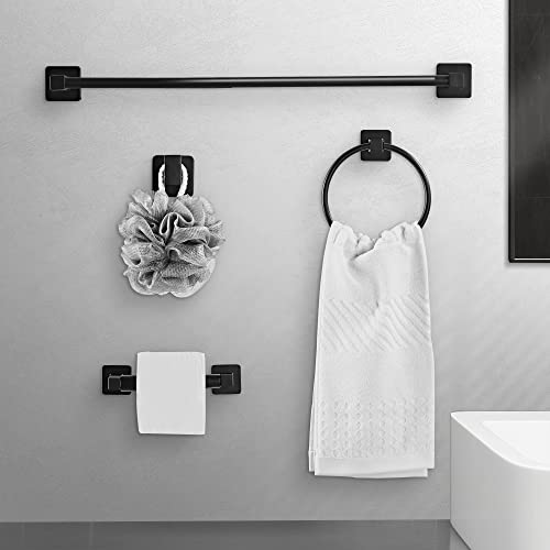 bluebyrne Matte Black Bathroom Hardware Set 4 Pieces,Bathroom Accessories Set Stainless Steel Wall Mounted, Hand Towel Bar, Towel Ring, Robe Towel Hooks,Toilet Paper Holder,Towel Bar Set, 23.6 Inch - Image 2