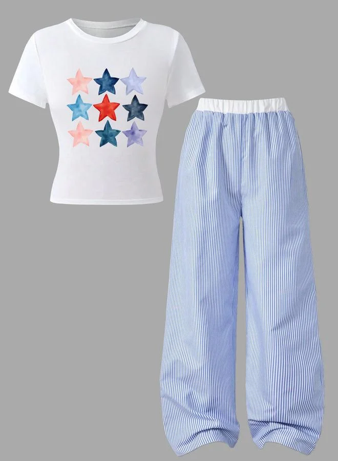 Take Two Take Two Teens Star Print T-Shirt and Striped Pants Set