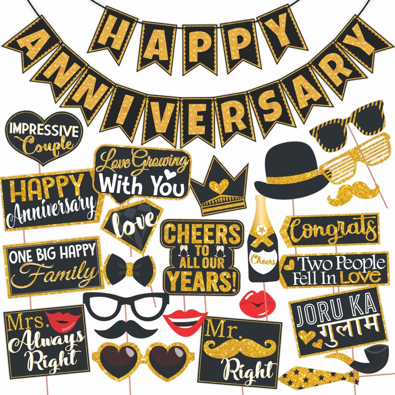 Wobbox Anniversary Photo Booth Party Props DIY Kit with Happy Anniversary Bunting Banner, Golden Gliter & Black, Anniversary Party Decoration All Dates - Image 1