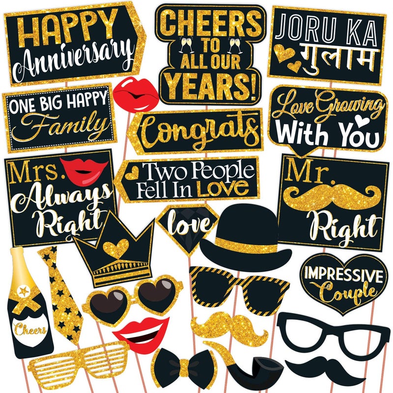 Wobbox Anniversary Photo Booth Party Props DIY Kit with Happy Anniversary Bunting Banner, Golden Gliter & Black, Anniversary Party Decoration All Dates - Image 5