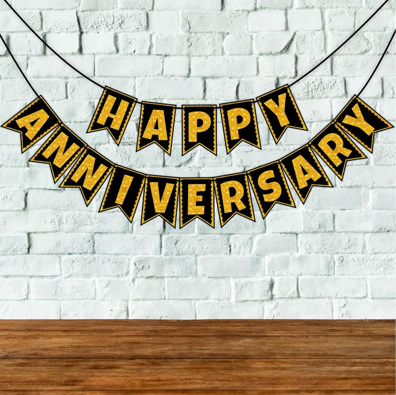 Wobbox Anniversary Photo Booth Party Props DIY Kit with Happy Anniversary Bunting Banner, Golden Gliter & Black, Anniversary Party Decoration All Dates - Image 4