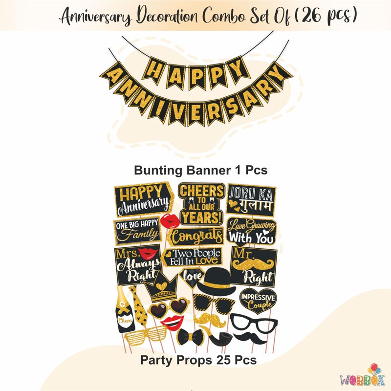 Wobbox Anniversary Photo Booth Party Props DIY Kit with Happy Anniversary Bunting Banner, Golden Gliter & Black, Anniversary Party Decoration All Dates - Image 2