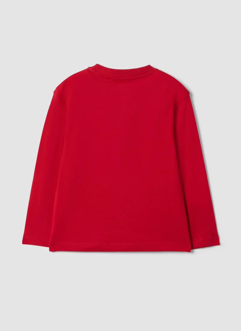او في اس OVS Red oversized pure organic cotton T-shirt with racing print for boys