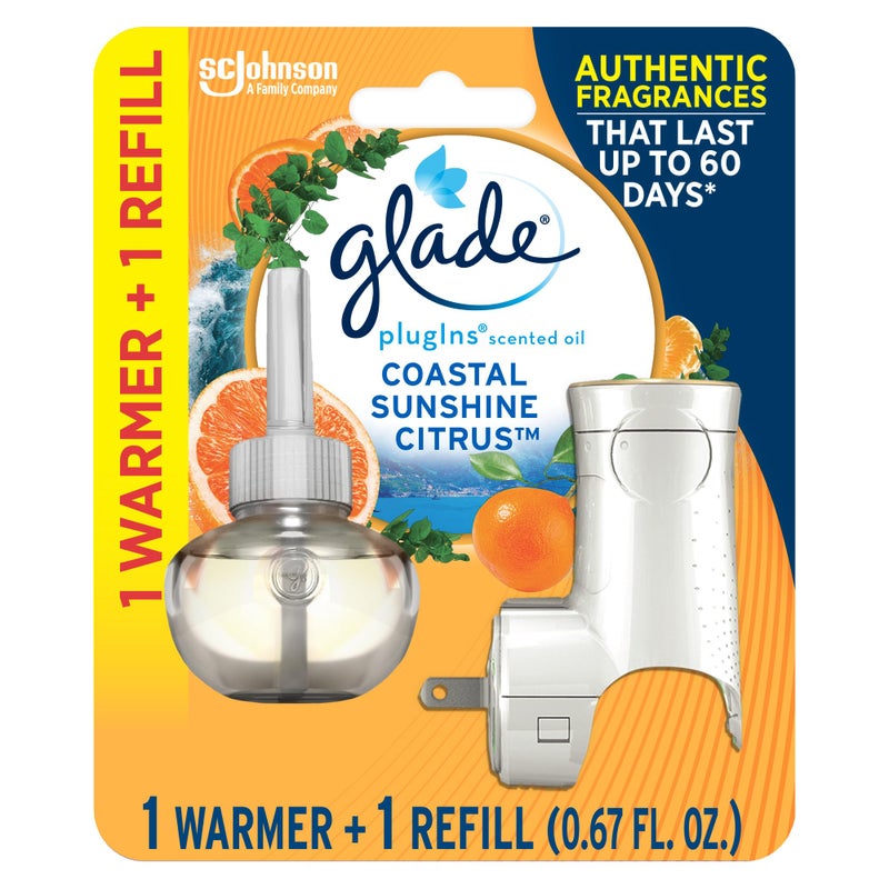 Glade PlugIns Refills Air Freshener Starter Kit, Scented Oil for Home and Bathroom, Coastal Sunshine Citrus, 0.67 Fl Oz, 1 Warmer + 1 Refill - Image 1