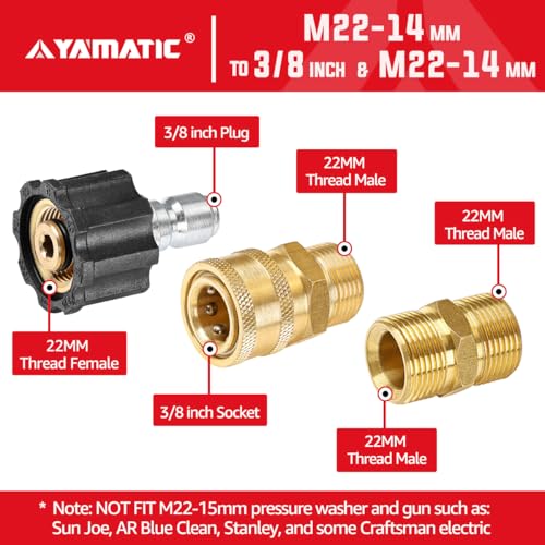 YAMATIC Pressure Washer Adapter Set Quick Connect Kit, M22 to 3/8" Quick Connectors, 5000 PSI Pressure Couplers Fittings for a Pressure Washer, Hose, and Gun - 5 PCS - Image 3