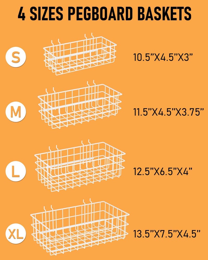 INCLY 4 Pack Pegboard Baskets Bins Set, 4 Size Square Style Metal White Wire Basket for Any Peg Board Organizing Tools, Pegboard Accessories for Workbench Garage Wall Storage Attachments - Image 4
