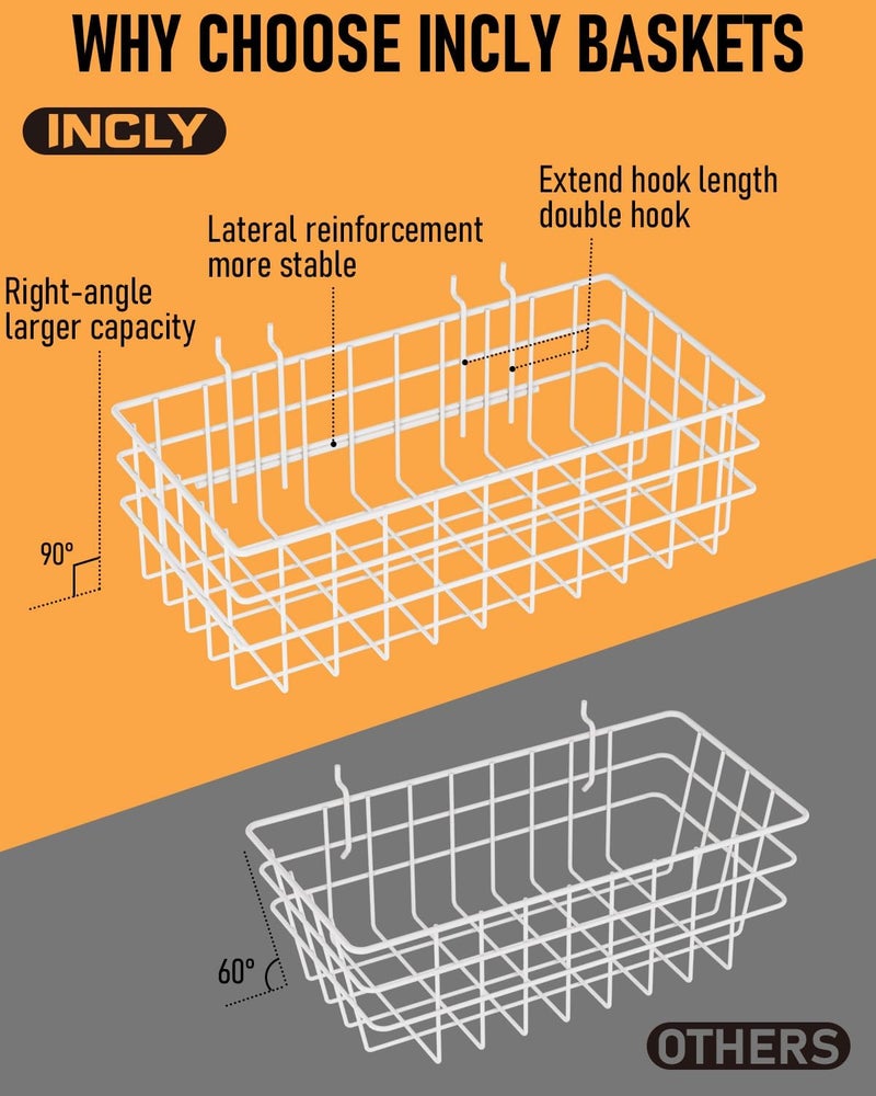 INCLY 4 Pack Pegboard Baskets Bins Set, 4 Size Square Style Metal White Wire Basket for Any Peg Board Organizing Tools, Pegboard Accessories for Workbench Garage Wall Storage Attachments - Image 2
