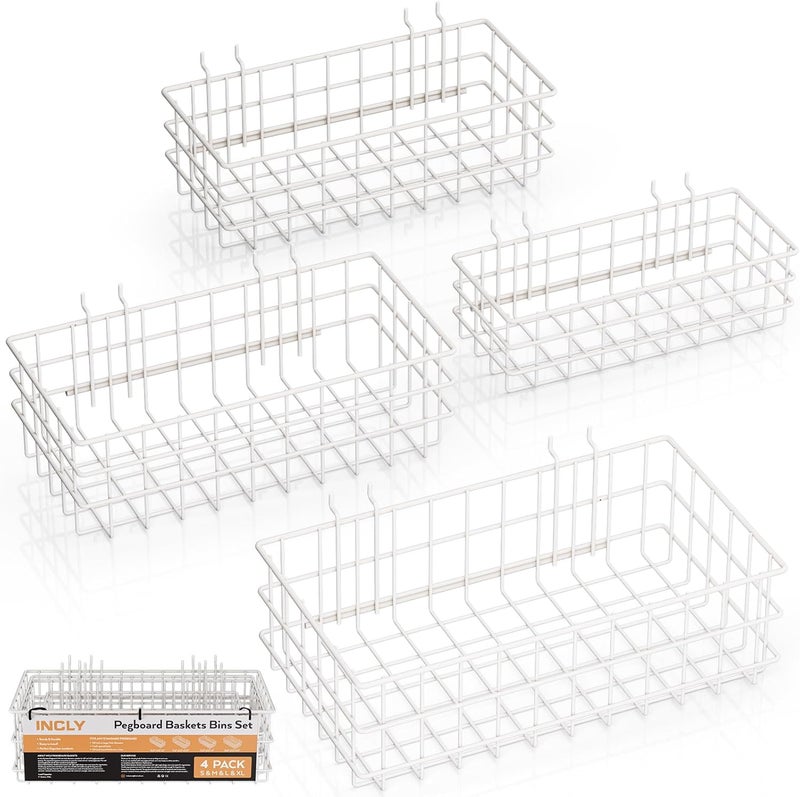 INCLY 4 Pack Pegboard Baskets Bins Set, 4 Size Square Style Metal White Wire Basket for Any Peg Board Organizing Tools, Pegboard Accessories for Workbench Garage Wall Storage Attachments - Image 1