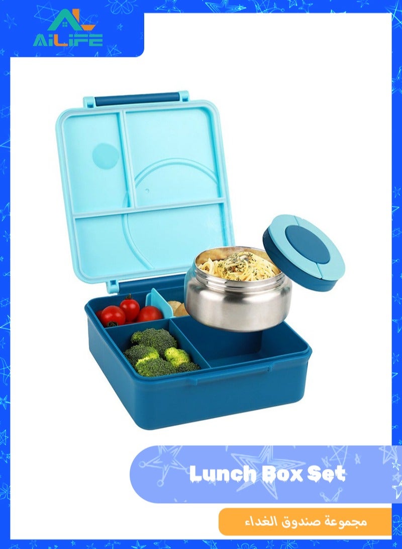 Al LIFE طقم صندوق غداء بنتو كبير سعة 1600 مل مع وعاء صلصة من الفولاذ المقاوم للصدأ سعة 290 مل، أدوات مائدة وحقيبة - أزرق، 3 في 1 قابل للتحويل - Image 1