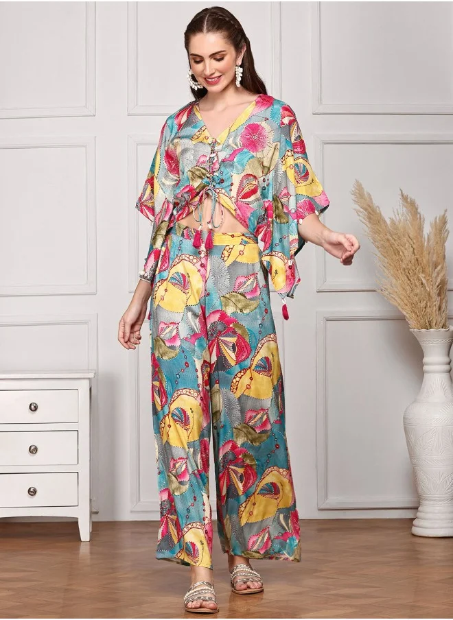 آي شين Aline Fit Self Design Pattern V-Neck Neck 3/4 sleeve Multicolour Colour Knitted Cotton Kurta Set for Women with Semi Elastic Closure - A Statement Piece for Every Look