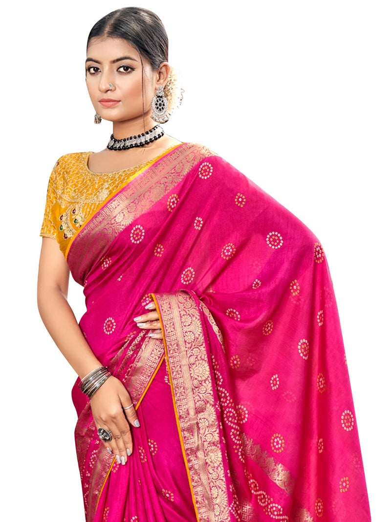 SAREE MALL Women's Pure Silk Bandhani Printed Saree With Unstitched Blouse Piece(Pink_LAVNYA5005_5D) - Image 1
